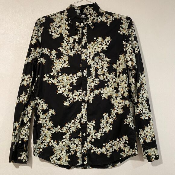 H&M Men’s Floral Button-Up Shirt | Black White Yellow Flower Print Long Sleeve - Picture 2 of 8